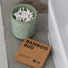 Load image into Gallery viewer, 100% cotton-tipped bamboo sticks in green ceramic container
