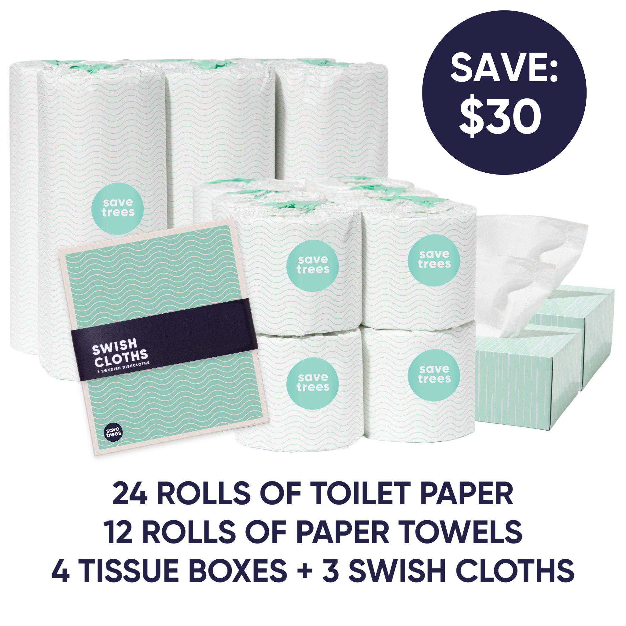 Save Trees, Bamboo Everything Collection saving $30: 24 rolls toilet paper, 12 rolls paper towels, 4 tissue boxes and 3 swish cloths