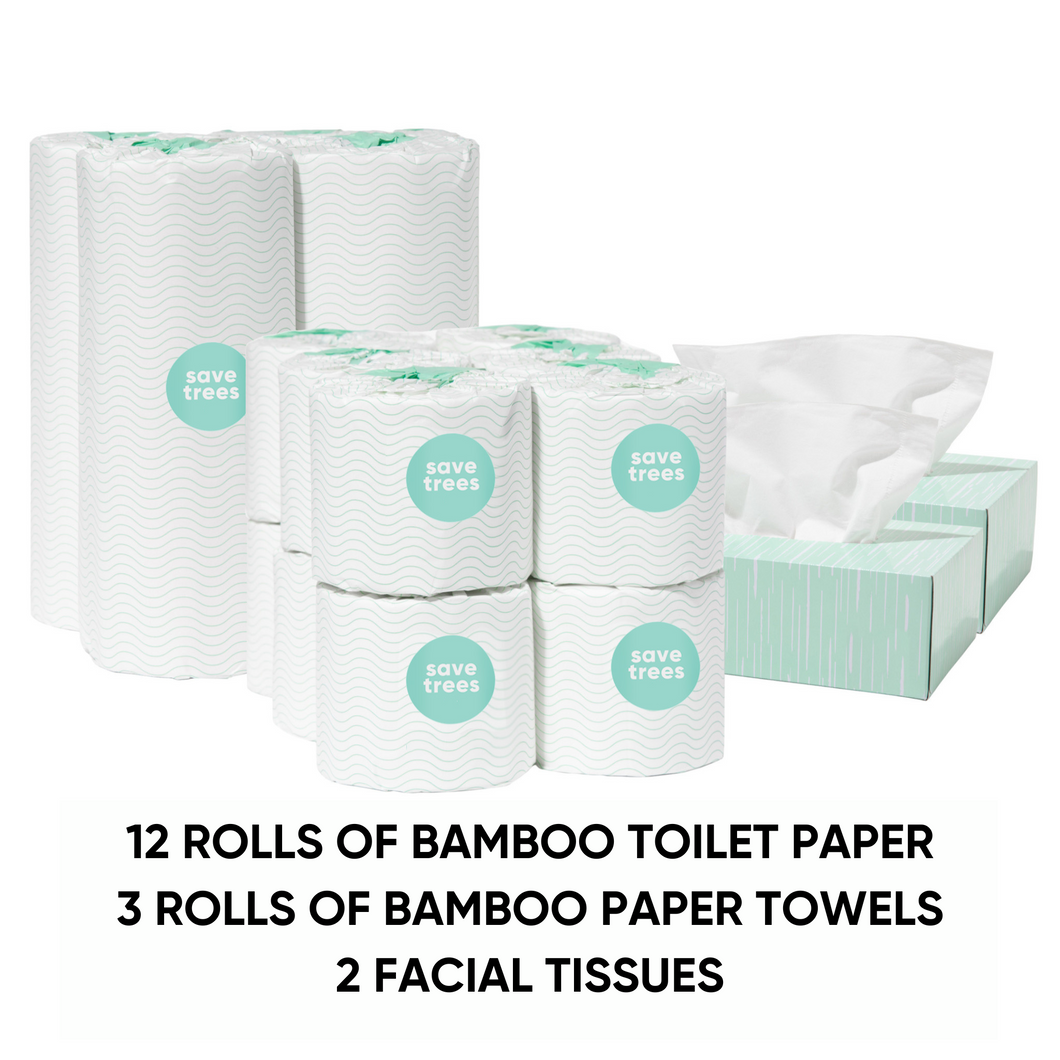 Save Trees bamboo collection: 12 rolls toilet paper, 3 rolls of paper towels, and 2 tissue boxes