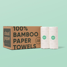 Load image into Gallery viewer, Box of 100% Bamboo Paper Towels next to two paper towels
