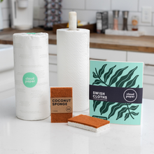 Load image into Gallery viewer, Bamboo paper towels, swish cloths and coconut sponges on kitchen counter
