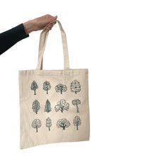 Load image into Gallery viewer, Recycled cotton tote bag with tree illustrations printed on the side
